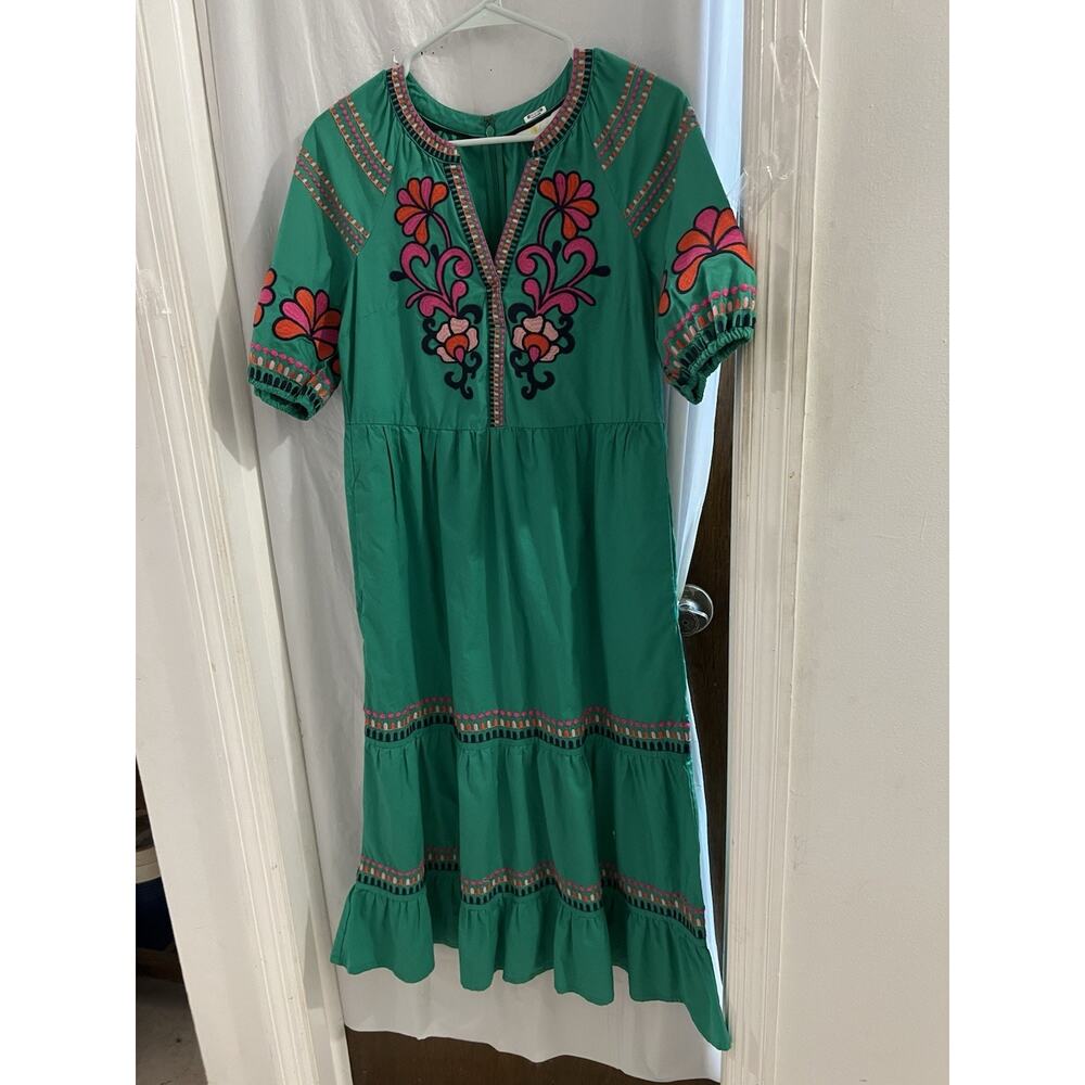 Boden Green Floral Embroidered Natalie Tiered Maxi Dress Sz 2 Boho Peasant - Picture 2 of 8